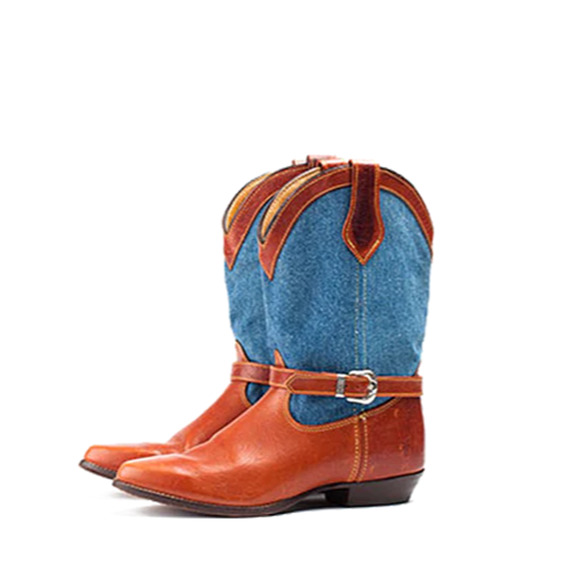 Frye Cowboy Boots Denim Brown Leather Silver Buckles Vintage Sz 8 RARE Deadstock - Picture 2 of 13